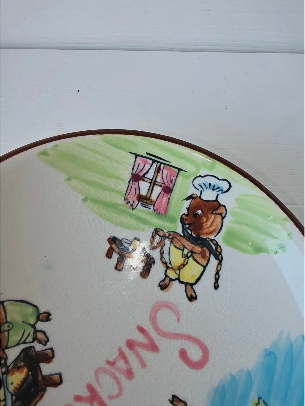 Vintage Ceramic Skillet Wall Plaque Three Little Pigs Chef Snacks Wooden Handle